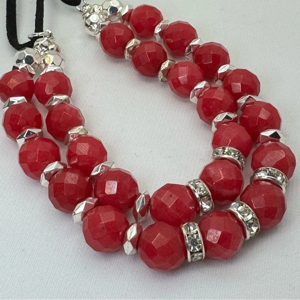 White House Black Market Red Jade Beaded Necklace Double Strand Rhinestone NWT
